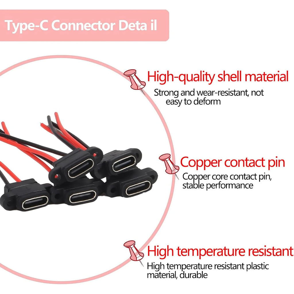 5PCS Type-C Female Chassis 2 Pin Type-C Female Socket Connec