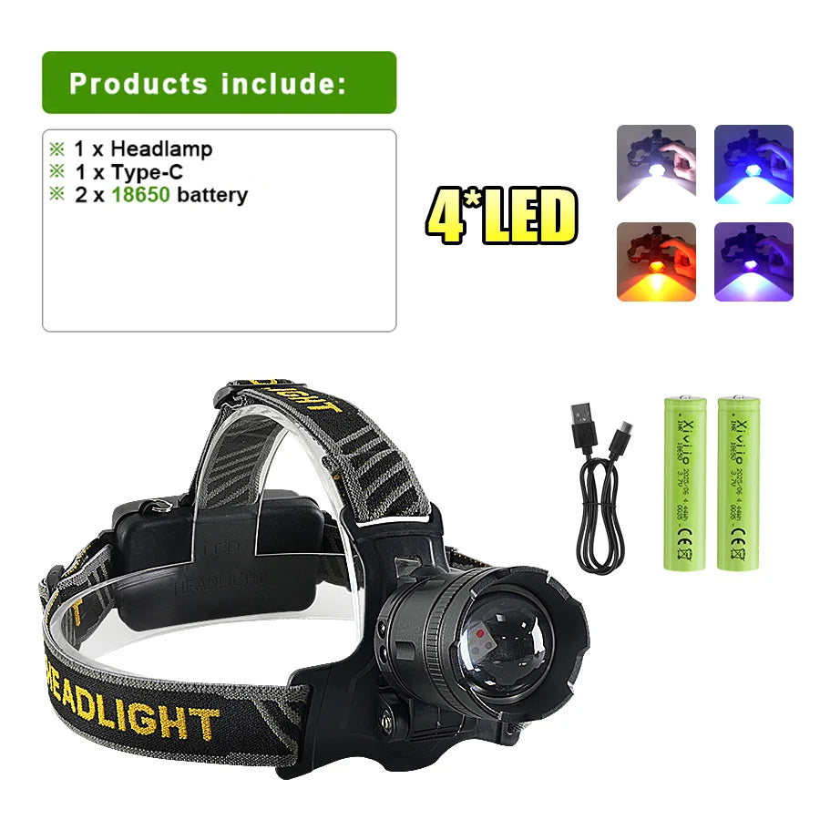 NEW 4core Super Bright LED Headlamp Red/Purple/Blue/White Fishing Headlight Rechargeable Flashlight Zoom Waterproof Camping Lamp