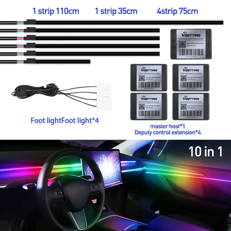 Full Color Streamer Car Ambient Lights RGB 64 Color Universal LED Interior Hidden Acrylic Strip Symphony Atmosphere Lamp