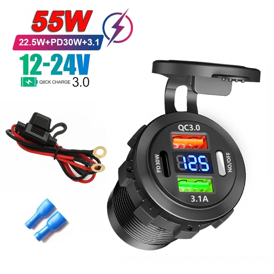 Car Charger PD+QC3.0 USB TYPE-C Charger Waterproof Power Socket Power Adapter Universal 12-24V for Motorcycle Truck ATV Boat