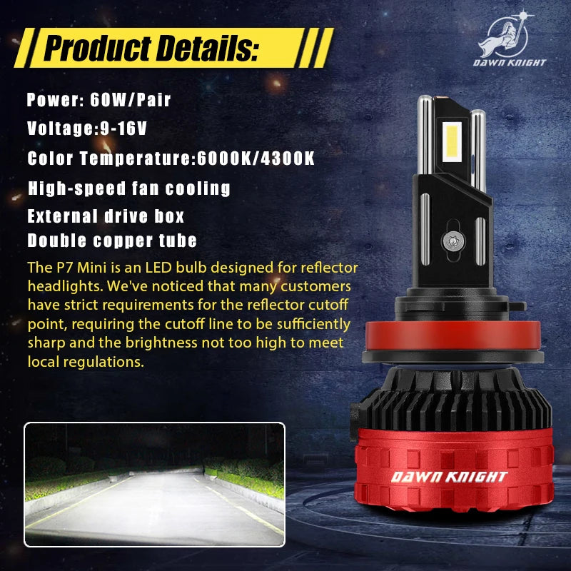 DAWN KNIGHT P7 Mini H7 H4 H11 H1 Led Headlight Bulbs 6000K 4