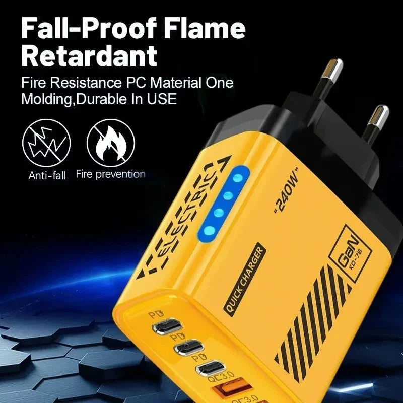 240W QC3.0 PD 5 Ports GaN Fast Charger US/EU Plug Phone Char