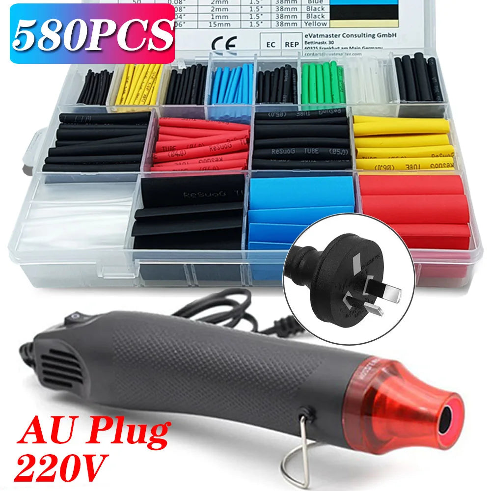 1160/580/164PCS Heat Shrink Tubing Kit Wire Shrinking Wrap Connect Cover Cable Sleeves Repair Protection with Hot Air Gun