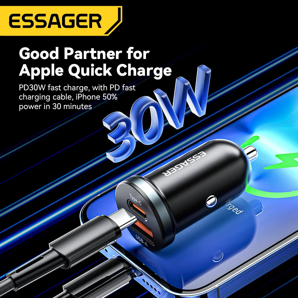 Essager 30W USB C Car Charger Type C Quick Charger PD QC 3.0