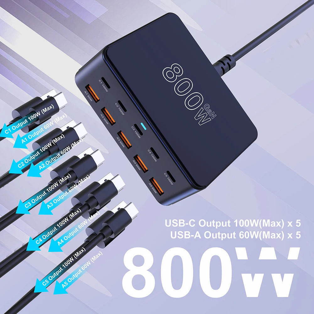 800W USB C GaN Charger 100W PD3.0 PPS QC3.0 Multiport Fast C