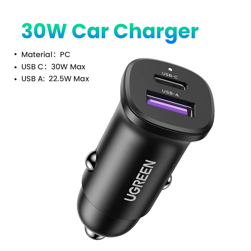 NEW-IN UGREEN USB Car Charger 30W Quick Charge 4.0 QC4.0 QC3.0 PD Type C Fast Car USB Charger For iPhone 17 Xiaomi Mobile Pho