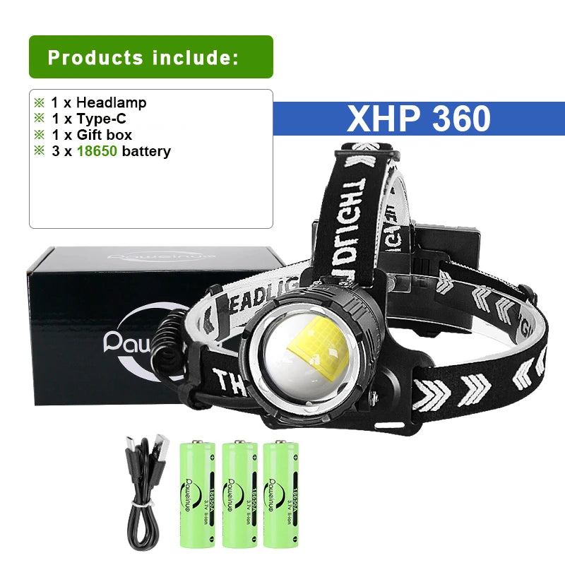 2024 XHP360 Super Powerful LED Headlamp 36 Core 18650 USB Rechargeable Headlight High Power Camping Fishing Waterproof Head Lamp