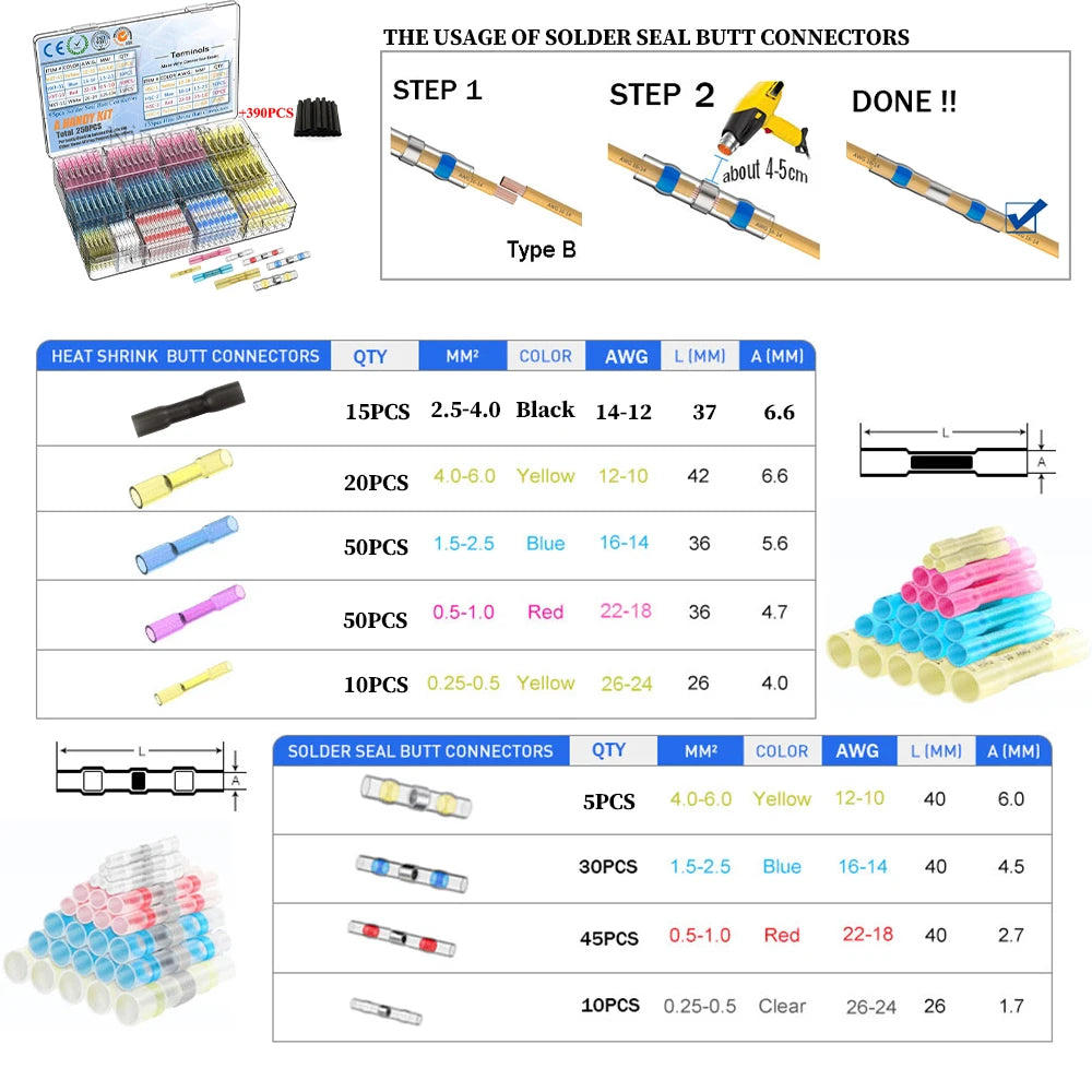640/250PCS Waterproof Heat Shrink Butt Crimp Terminals Solde
