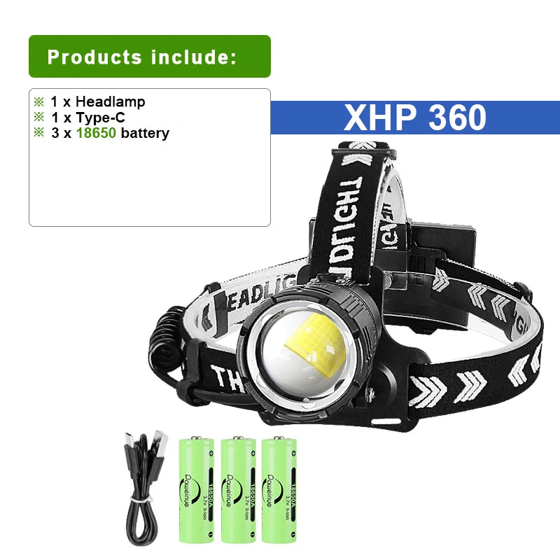2024 XHP360 Super Powerful LED Headlamp 36 Core 18650 USB Rechargeable Headlight High Power Camping Fishing Waterproof Head Lamp