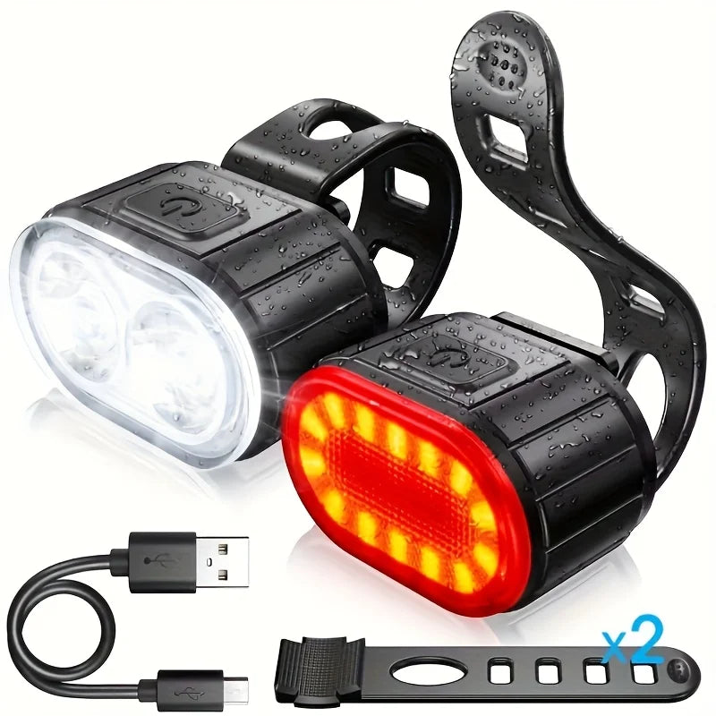 Bicycle Emergency Light Rechargeable Bike Headlight Taillight Set LED Cycling Safety Flashlight Multiple Lighting Modes Type-C