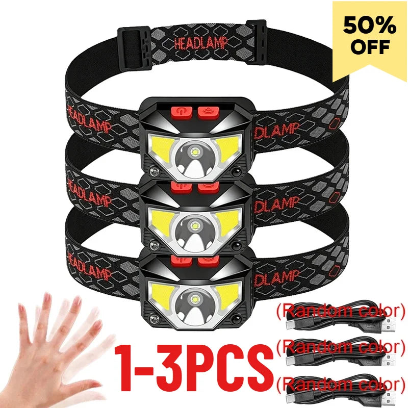 1-3PCS Rechargeable LED Headlamp Sensor Headlight With COB a