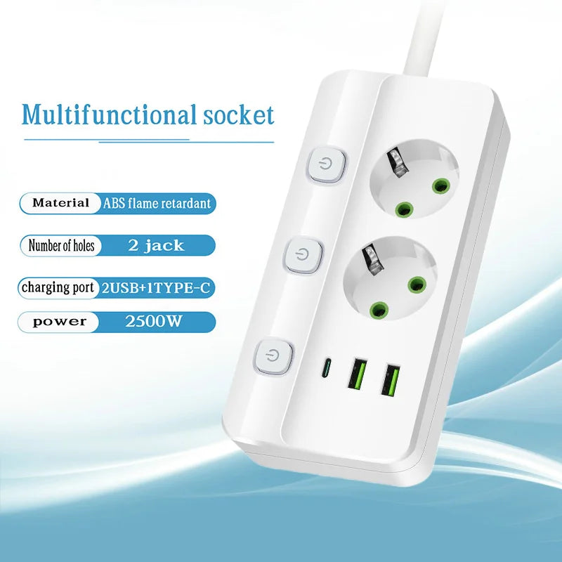 White 2m Extension Cable EU Plug Standard Socket USB And Typ