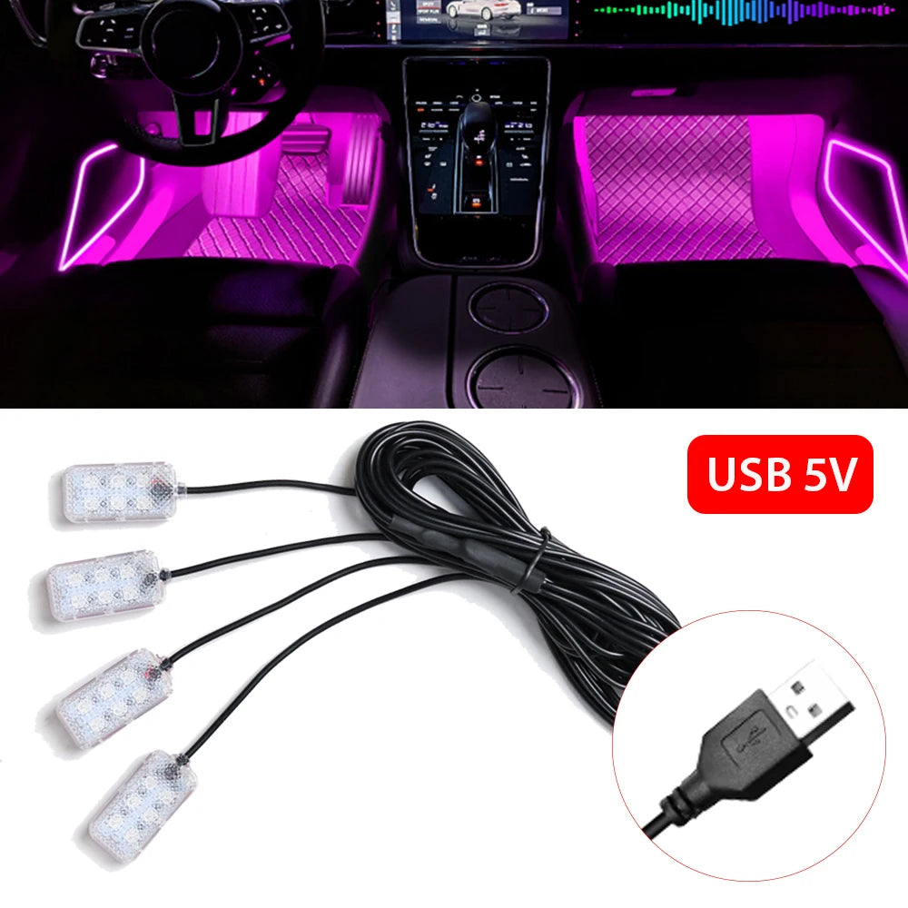 LED Car Interior Ambient Foot Strip Light Kit Accessories Backlight Auto Interior Ambient Lamps with LED Pink Light