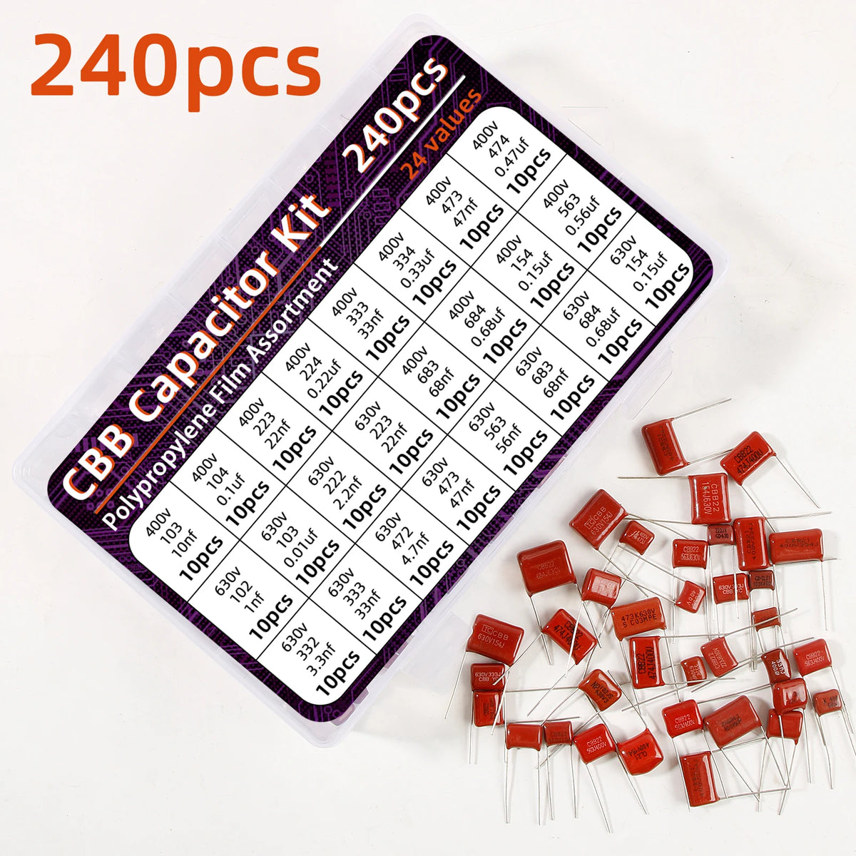 240pcs CBB Capacitor Assortment Kit Metallized Polypropylene