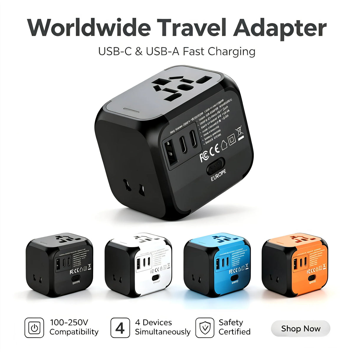 2500W GaN Universal Travel Adapter with 1 USB Ports 2 Type-C