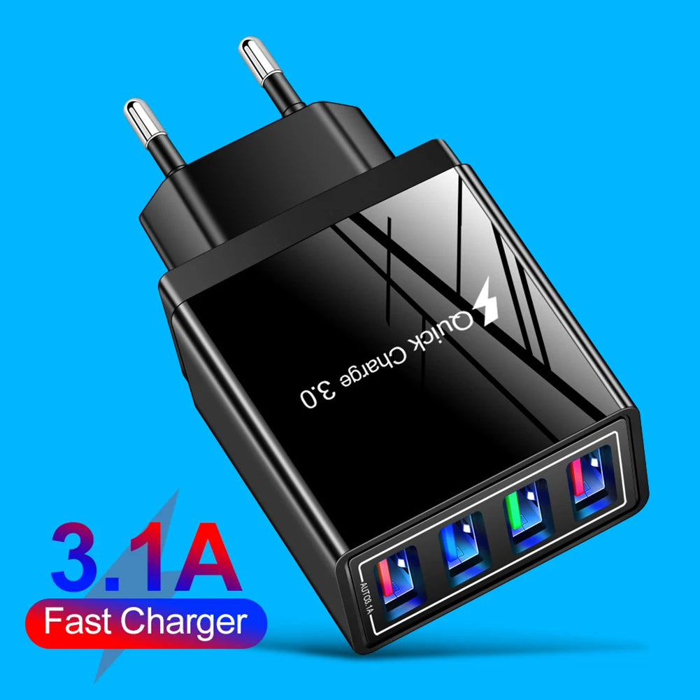 QC 3.0 Quick Charger 5V 3A USB Charger Fast Charging Charge 4 Ports LED Light Phone Charge Adapter EU Plug Charger Accessories