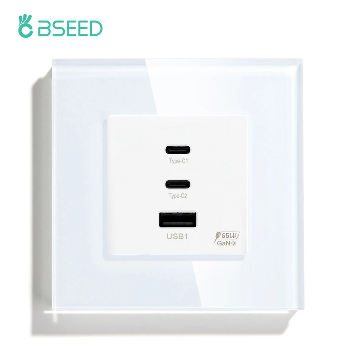 BSEED GaN3 Universal Socket 65W PD Fast Charge Port USB Type-C Quick Charge Adapter for Phone Computer Glass Panel 100V-240V