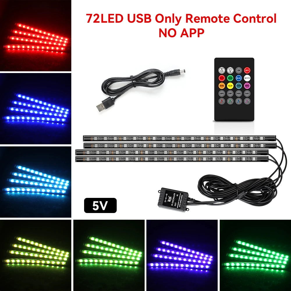 72/48/36 LED RGB Car Foot Ambient Light with USB Cigarette Automotive Interior Lights Strip Decoration Bar Remote/Voice Control