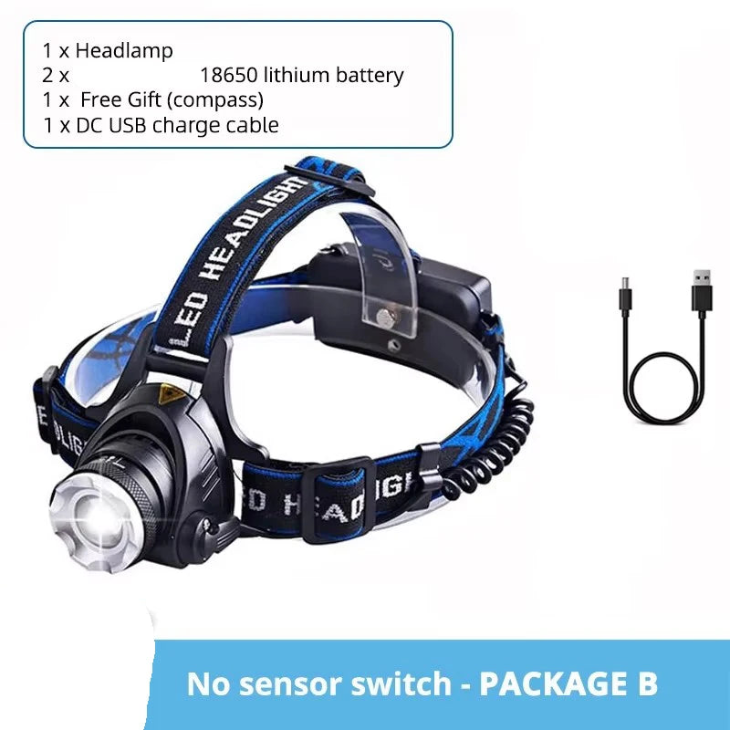 High Power LED Headlamp Fishing Headlight 3 Modes Zoomable Waterproof Super Bright Camping Light Powered by 2x18650 Batteries