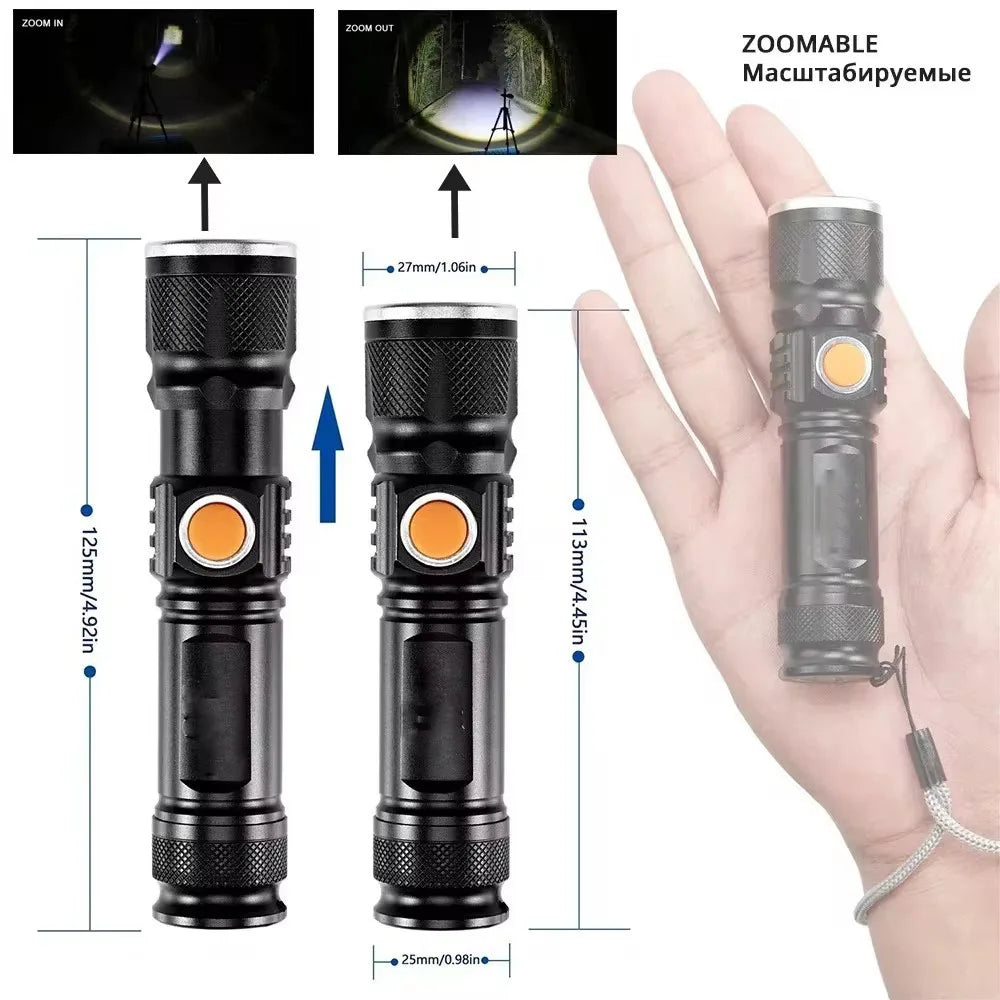 Powerful LED Flashlight With Tail USB Charging Head Zoomable