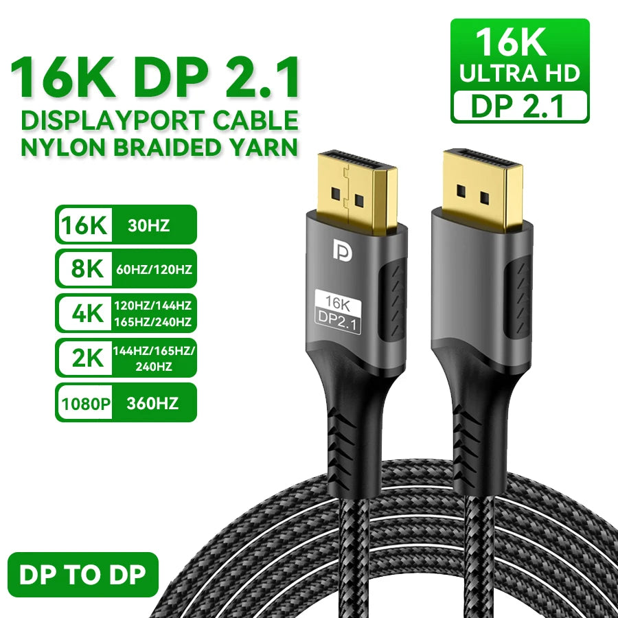 16K DP 2.1 8K 120Hz 4K 240Hz 80Gbps HDR Video Audio Displayport Cable Display Port for Laptop TV Xbox Projector Gaming Monitor