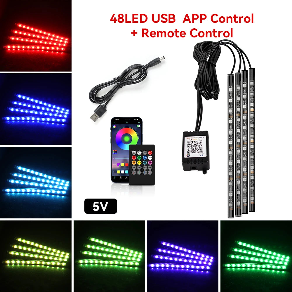 72/48/36 LED RGB Car Foot Ambient Light with USB Cigarette Automotive Interior Lights Strip Decoration Bar Remote/Voice Control