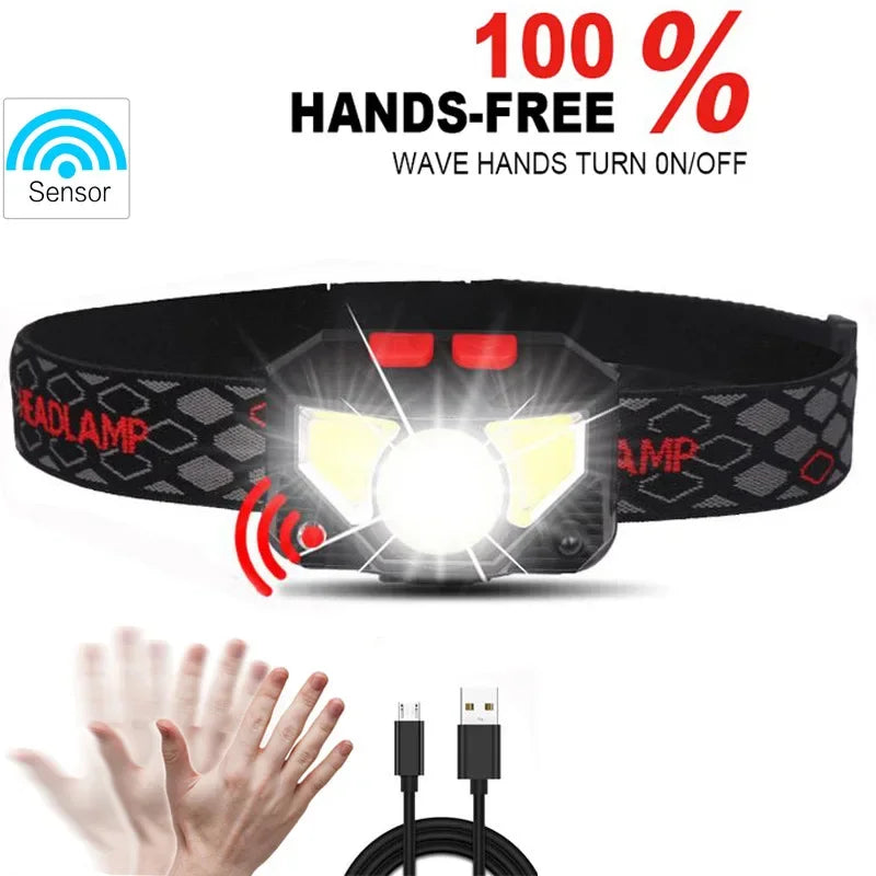 6 Modes Motion Sensor XPE+COB LED Headlamp Flashlight USB Re