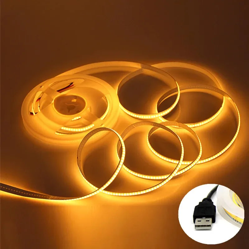 5V USB COB Lamp Strip 320LEDs/M White/Red/Pink/Ice Blue/Yellow Cabinet Light Lamp TV Backlight Flexible Ribbon Rope LED Strip