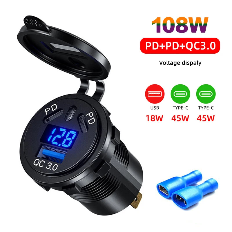 12V/24V USB Outlet 108W 3 Ports Car Charger Socket Dual 45W PD Type C & 18W QC 3.0 Motorcycle Socket Power Outlet Charge Adapter