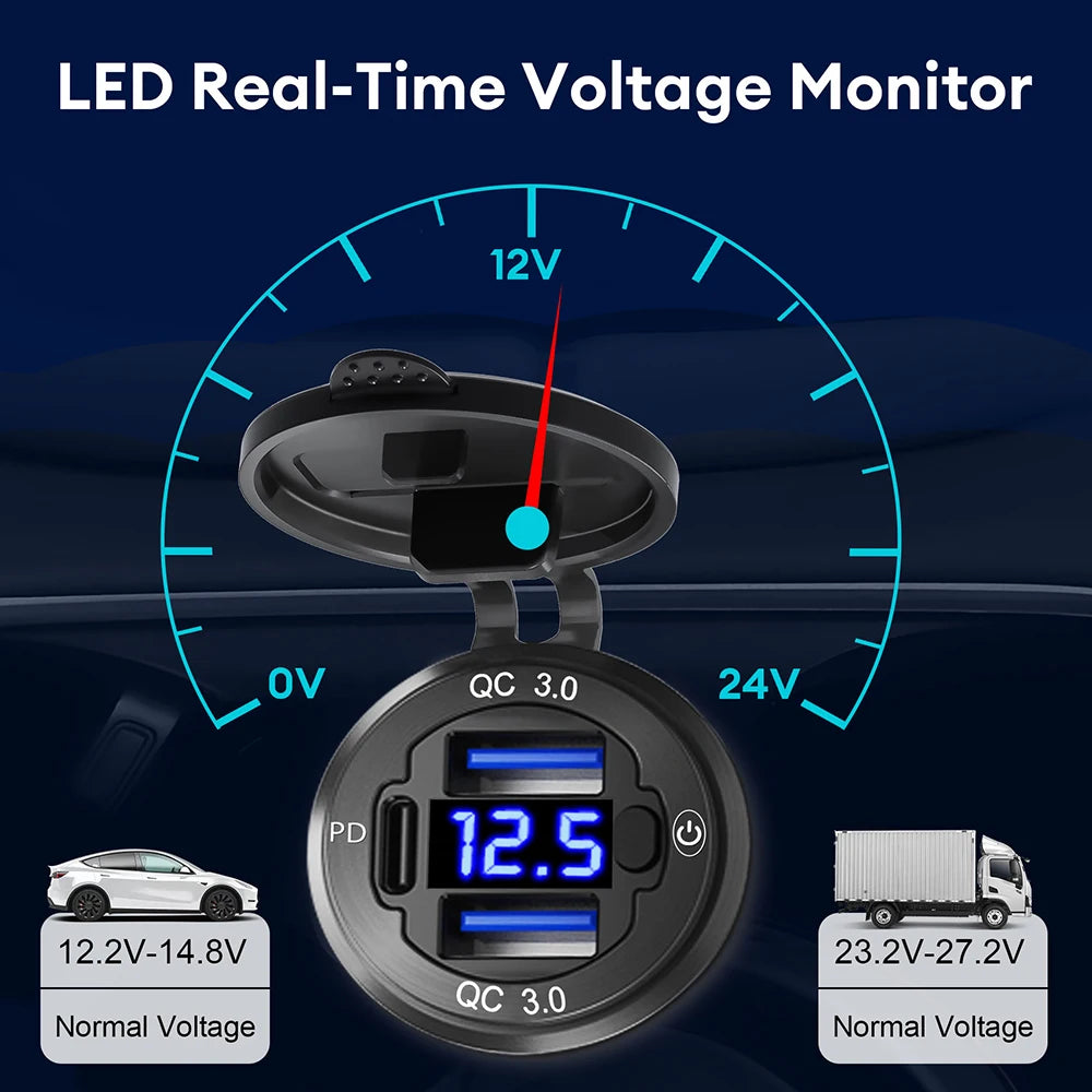 55W Dual QC3.0 PD Fast Charger Motorcycle USB Socket LED Vol