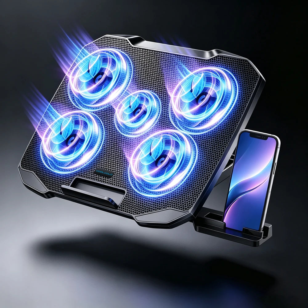 COOLCOLD Laptop Cooling Pad for 12-17 Inch Laptop Cooler Stand 5 Quiet Fans 5 Angle Adjustable with Phone Holder