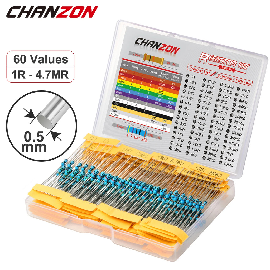 60 Values 1/4W 1% Metal Film Resistors Kit 300Pcs 1 ohm - 4.