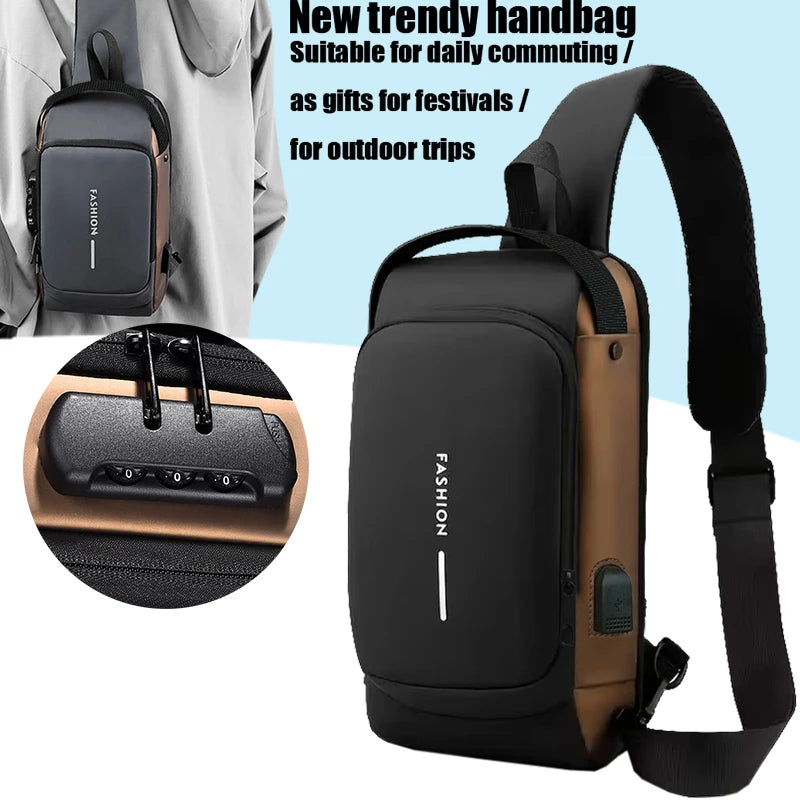 Men Anti-theft Sling Chest Bag With Password Lock USB Chargi