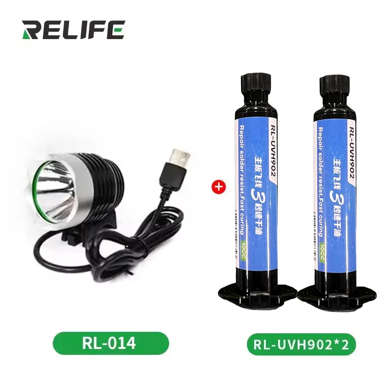 2PCS RELIFE RL-UVH902 10ML UV Solder Mask Ink 3S Quick-dry + RL-014 UV Curing Light for Mobile Phone Repair Jumping Wire