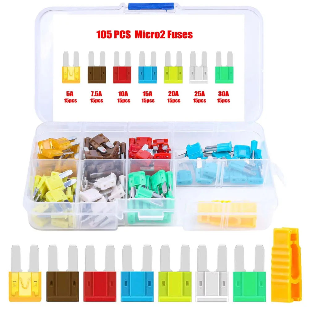 35/56/70/84/100/105/126pcs Micro 2 Blade Fuse Assortment Kit for Truck Replacement with Fuse Puller(5A 7.5A 10A 15A 20A 25A 30A)