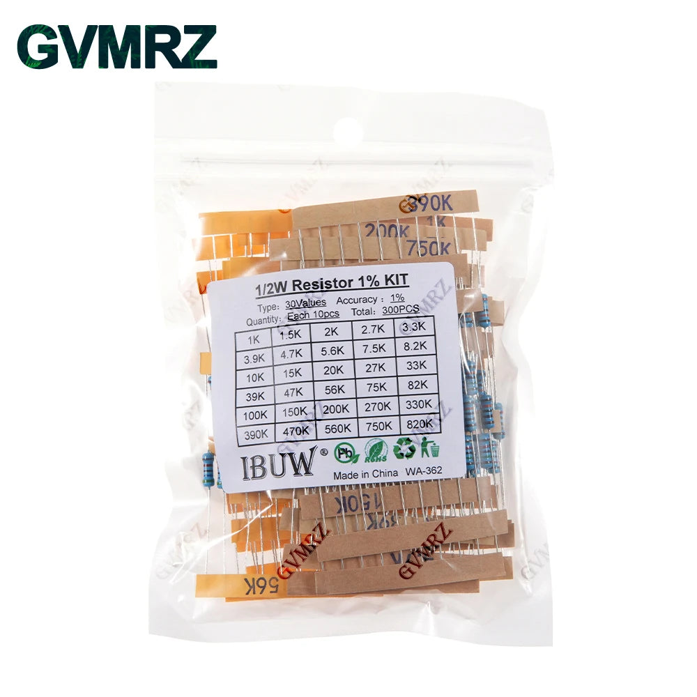 1/4W 1/2W 1W 2W 3W Resistance Set 1% Metal Film Resistor Assortment Kit 1K 820K 0.1R 750R 10K