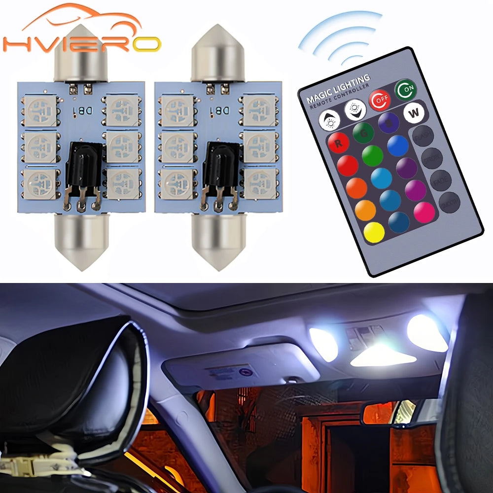 2Pcs RGB 6SMD Roof Dome Interior Reading Lamp C5w Car Remote