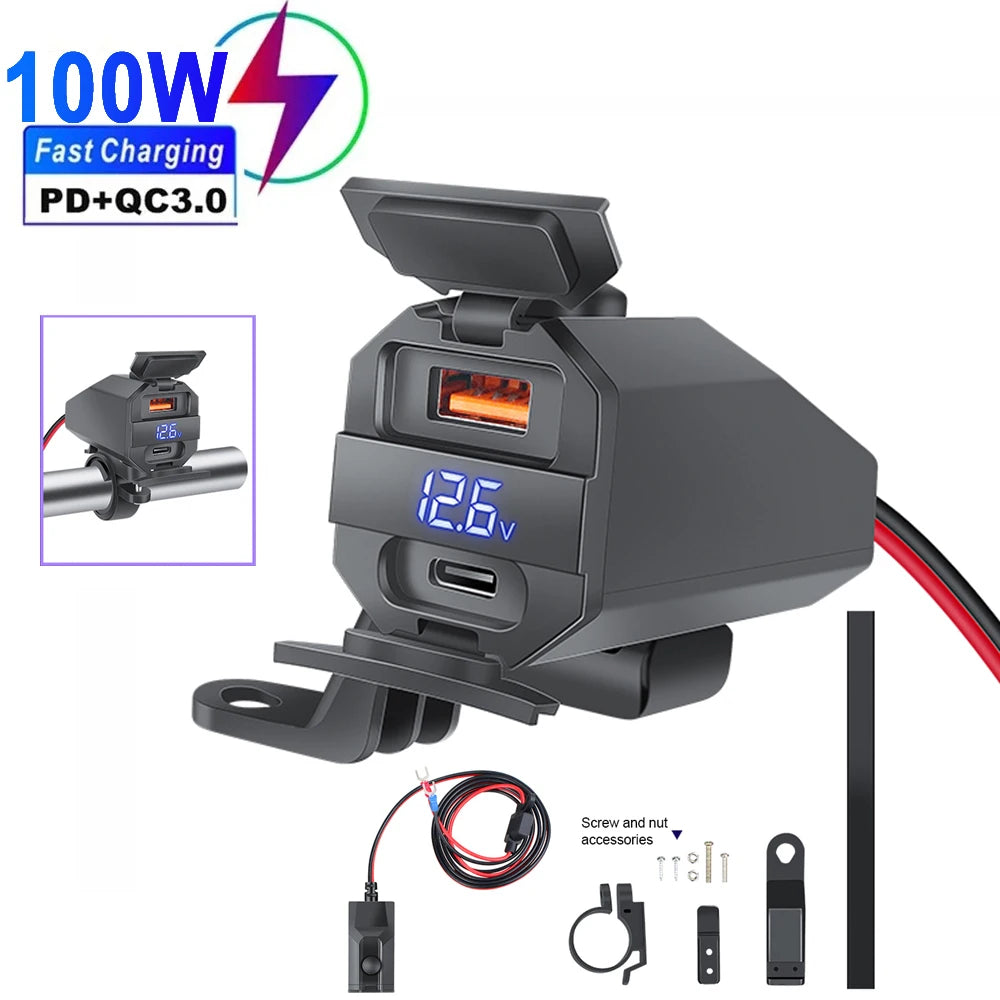100W Motorcycle Vehicle-Mounted Charger Waterproof Adapter 1