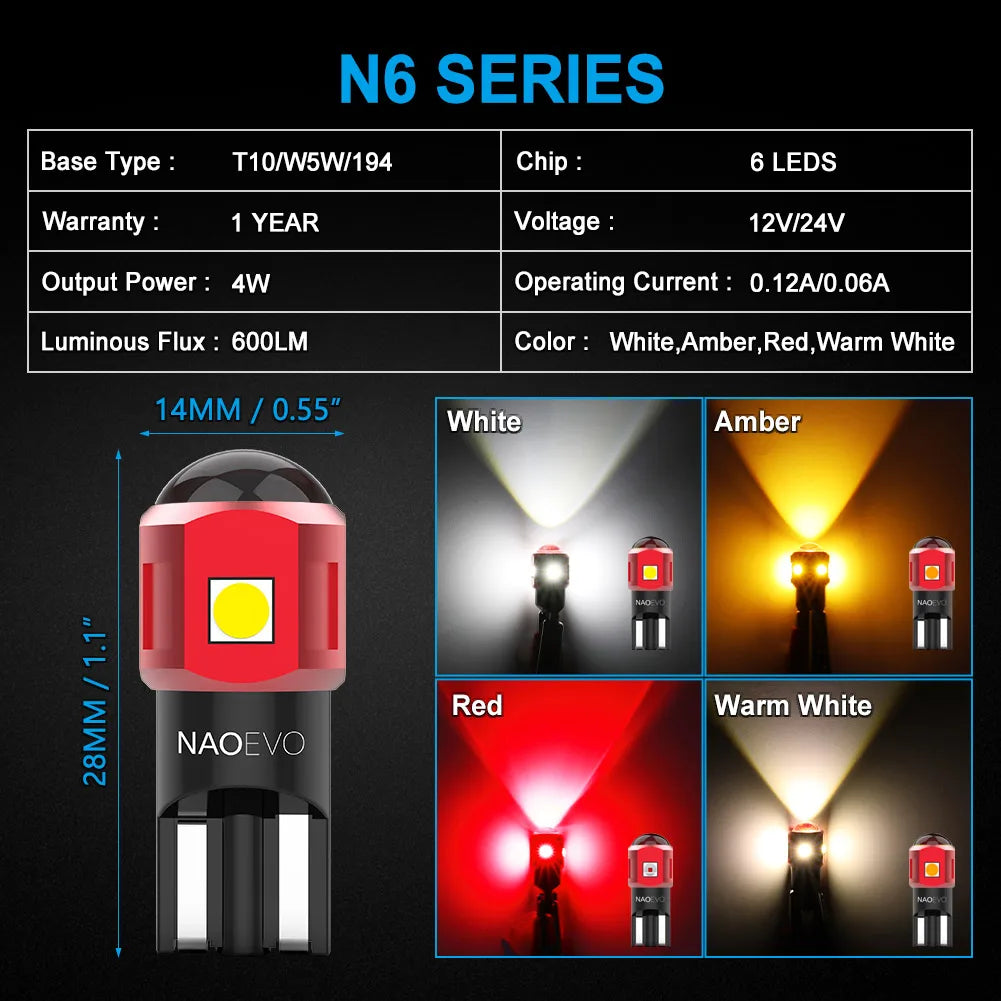 NAO 2x W5W T10 LED Ultra Bright 5W5 12V 24V 4W 600Lm Car Int