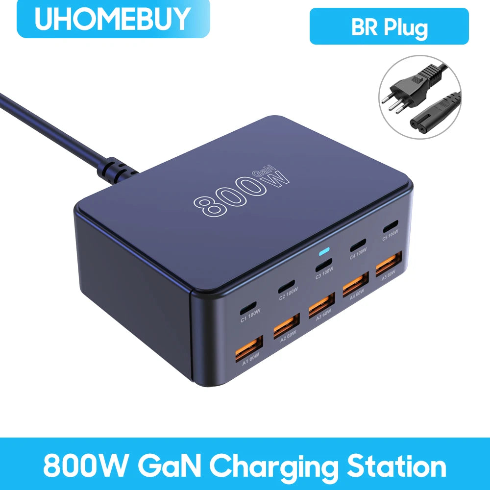 800W USB C GaN Charger 100W PD3.0 PPS QC3.0 Multiport Fast Charging Station for iPhone 15 16 Samsung Macbook Pro Laptops Tablets