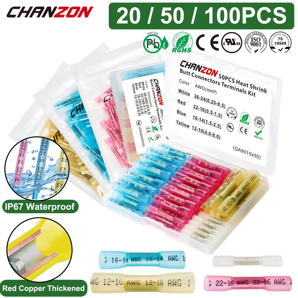 20/50/100PCS Heat Shrink Butt Wire Terminal Kit Waterproof S