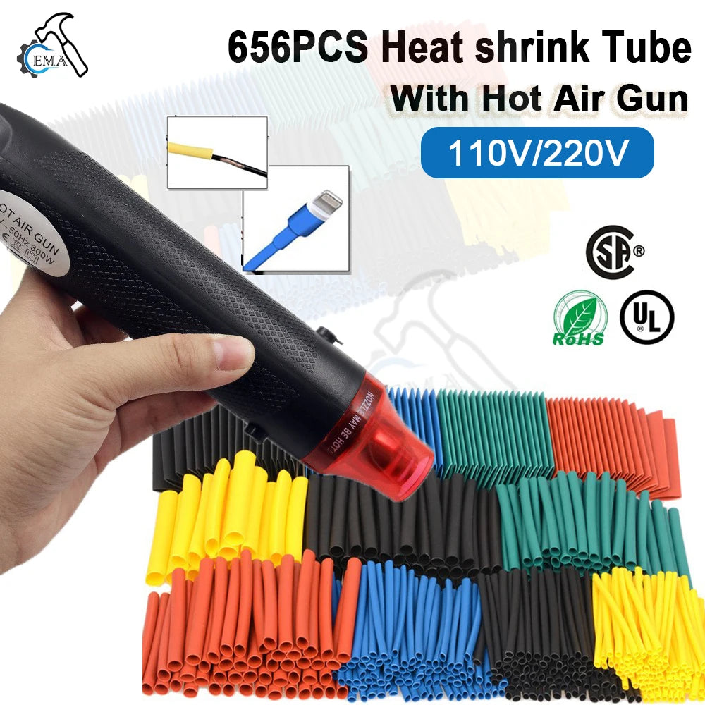 656/1060pcs Heat Shrink Tube With 300W Hot Air Guns Kit EU U