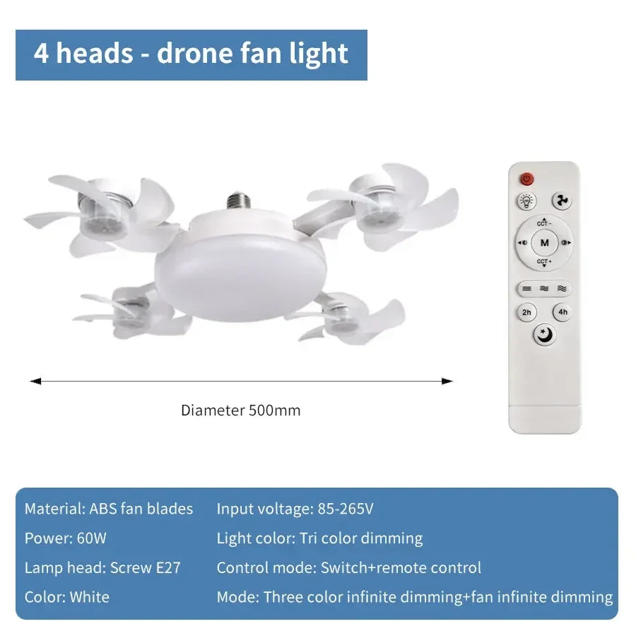 E27 Fan Light 2-in-1 60W Drone Design Ceiling Fan Light with Remote Control AC85-265V Fan Lighting Bulb for Home Restaurant