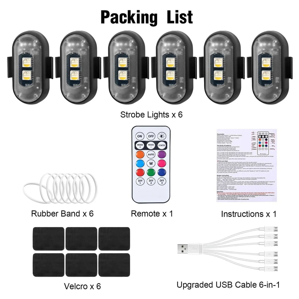 Wireless LED Strobe Lights with Remote Control 8 Colors Rechargeable Anti-Collision LED Warning Lights for Car Motorcycle Bike