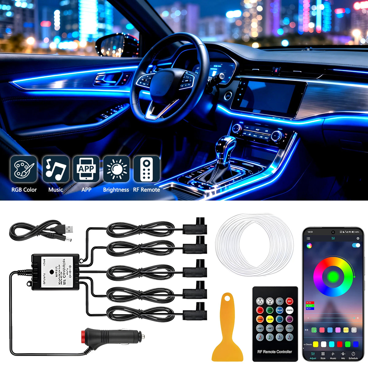 LED Car Interior Ambient Strip Lights RGB Fiber Optic Atmosp