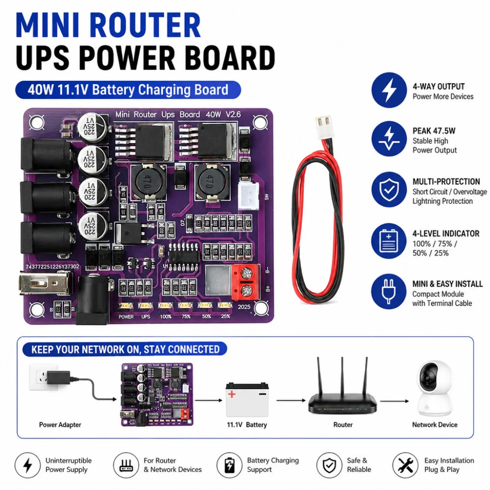 40W Battery Charging Board 4-Port Mini Router UPS Board 11.1
