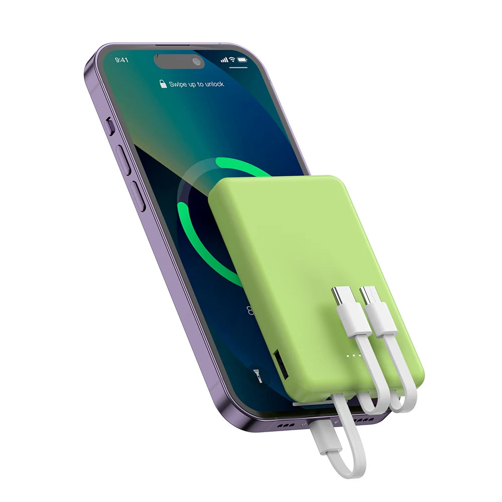 Mini 5000mAh Portable Power Bank With Built-in LED Digital Display 1 USB-A Port and 3 Integrated Charging Cords Ultra Compact External Battery Pack Support Multiple Devices Simultaneous Charging Compa