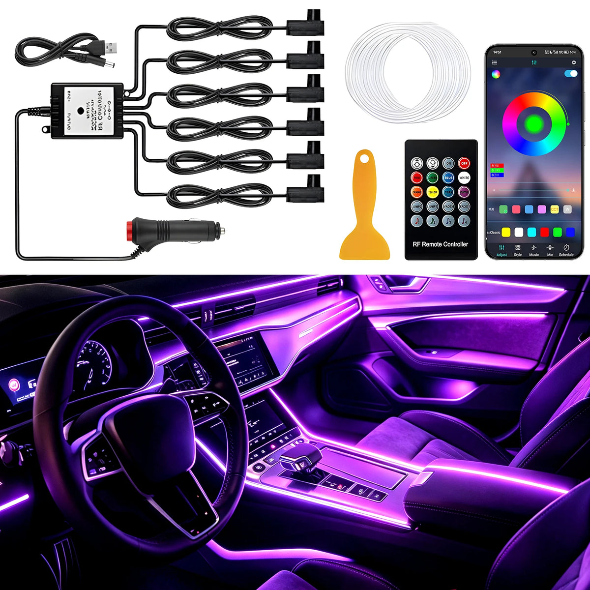 RGB Car Interior Ambient Light Kit APP & Remote Control Flex