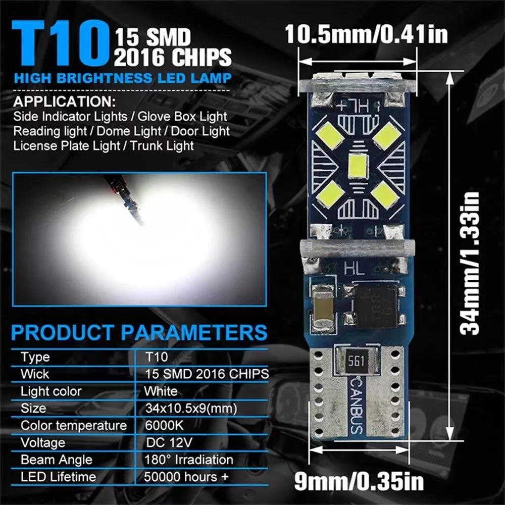 2/10 PCS Super Bright T10 W5W LED Bulbs Canbus 12/24V 7000K 