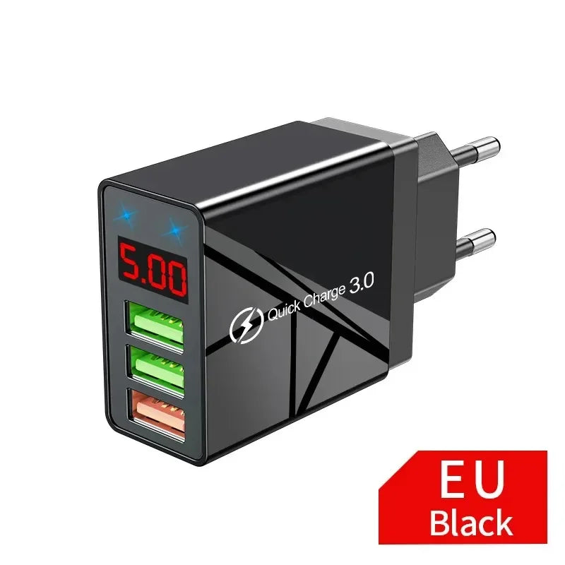 USB Charger 3 Ports Quick Fast Charging Wall Adapter with LED Digital Display For Samsung S24 Xiaomi 15 17 Pro Huawei Mate Redmi